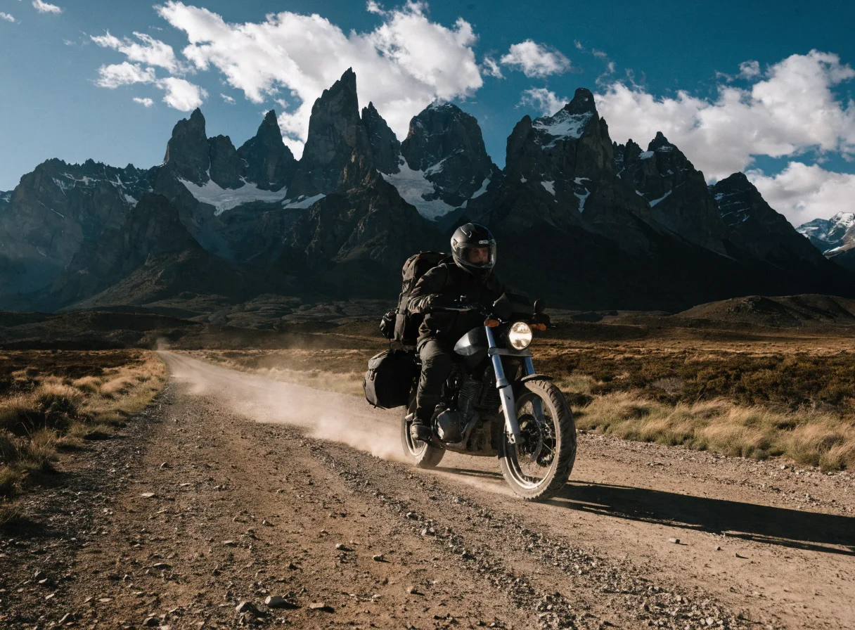 Moto d'aventure sur une route isolée de Patagonie