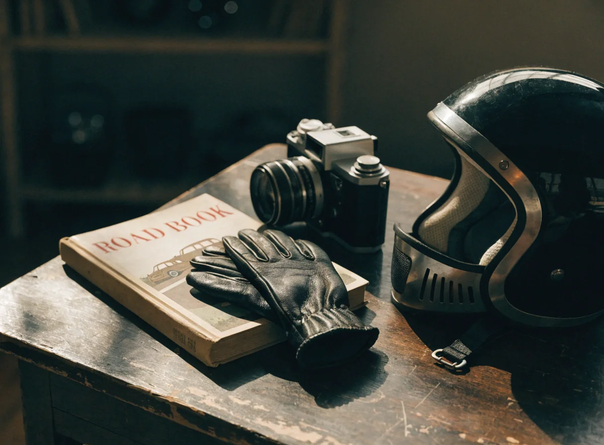 Objets de culture moto avec casque, livre et gants