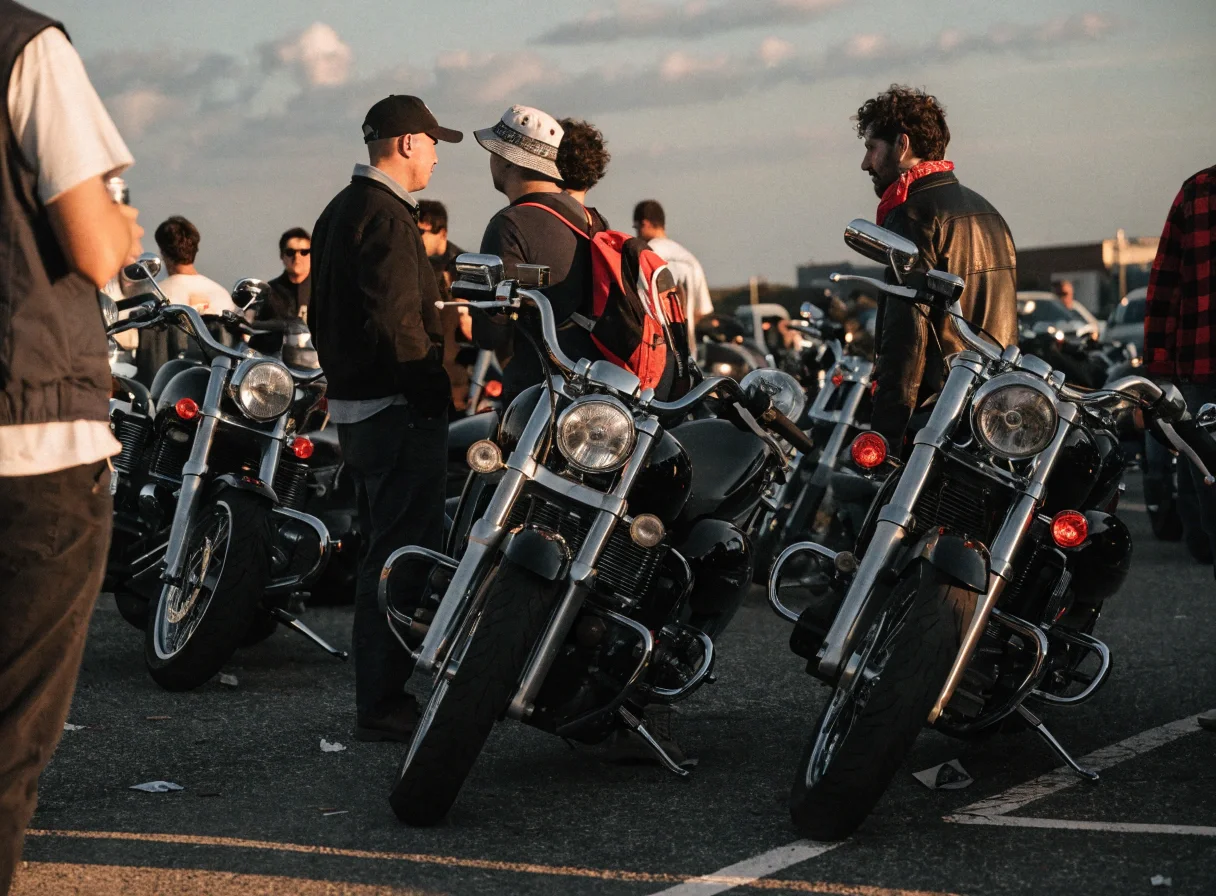 Rassemblement de motards autour de motos custom