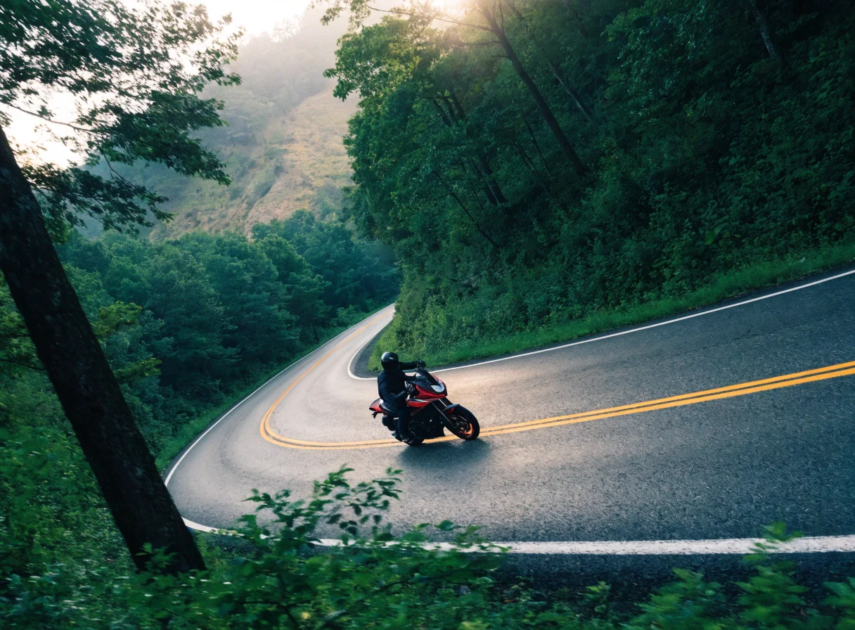 Moto sur une route de montagne de la Blue Ridge Parkway