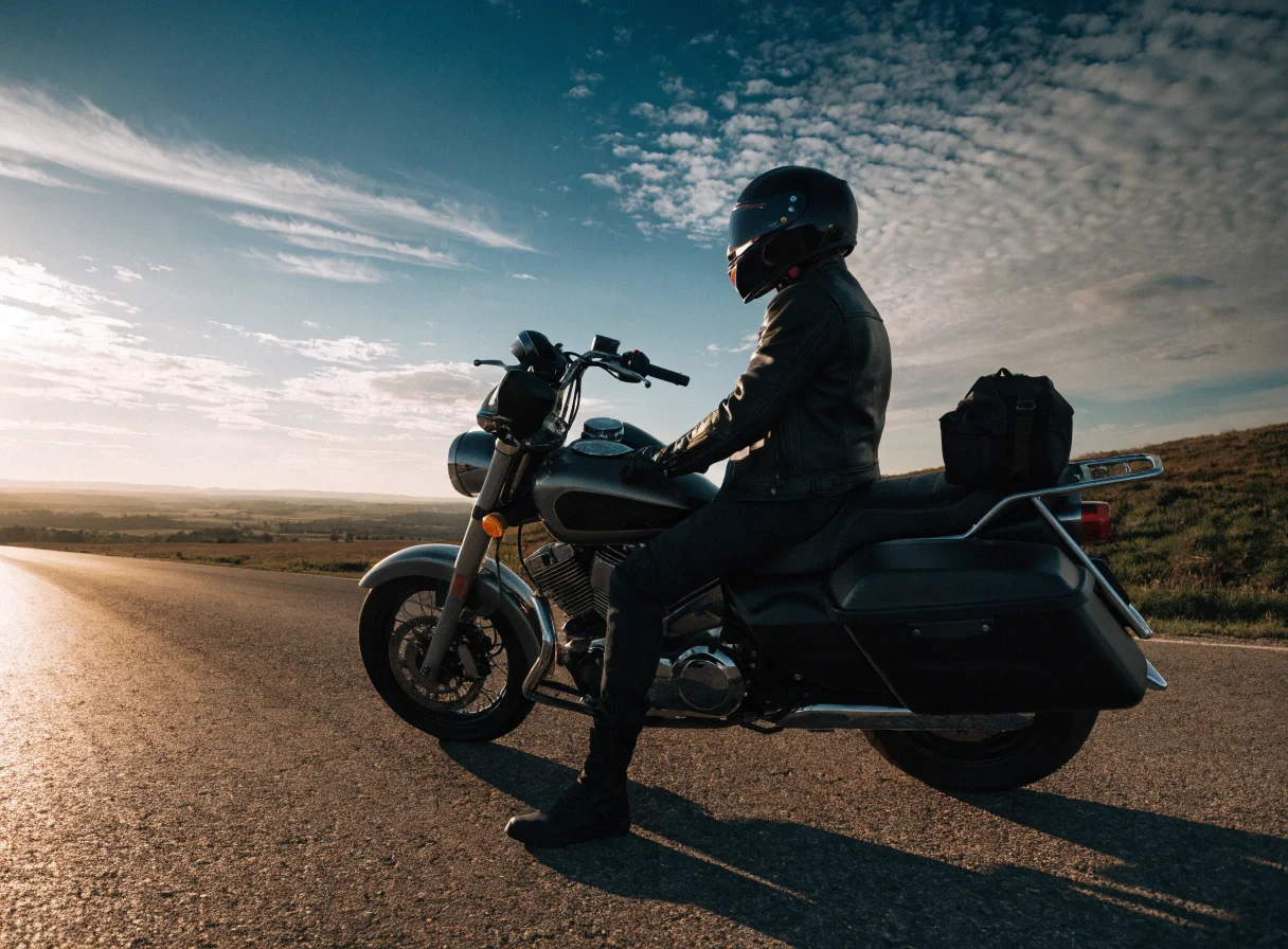 Motard face à la route avant un nouveau départ