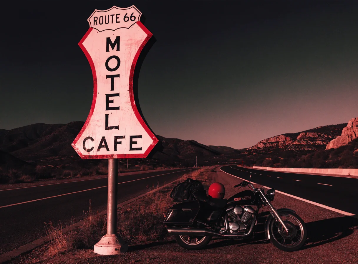 Moto de voyage près d'un panneau Route 66